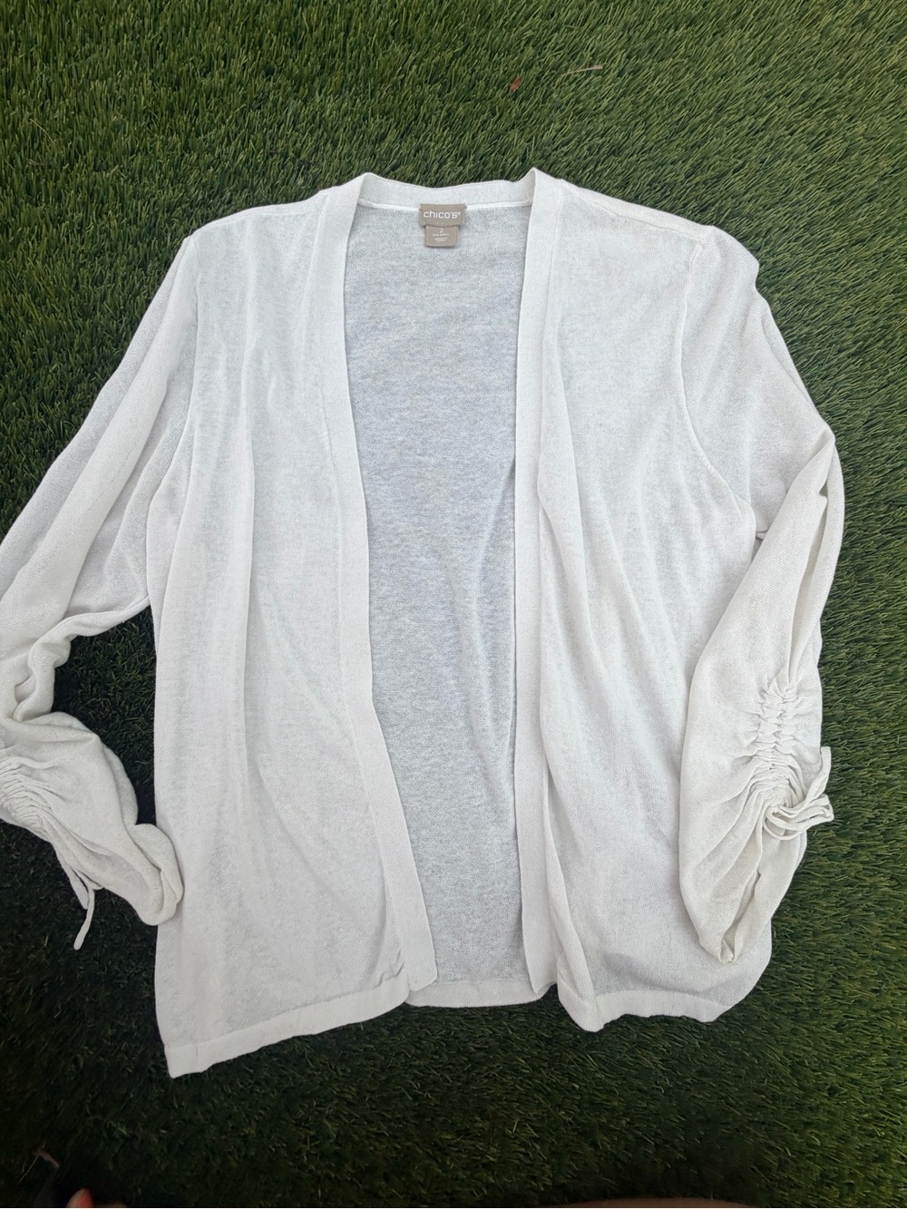 Chico's White/Off White Open-Front Cardigan with Ruched Sleeves